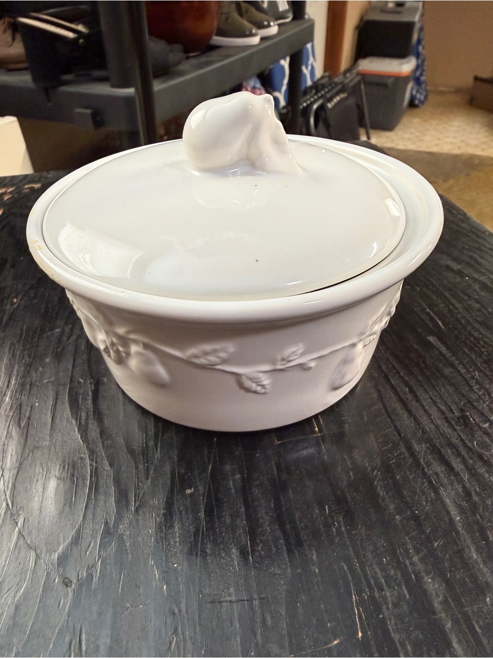 Lilian Vernon White Covered Ceramic Serving Dish with Leaf Relief
